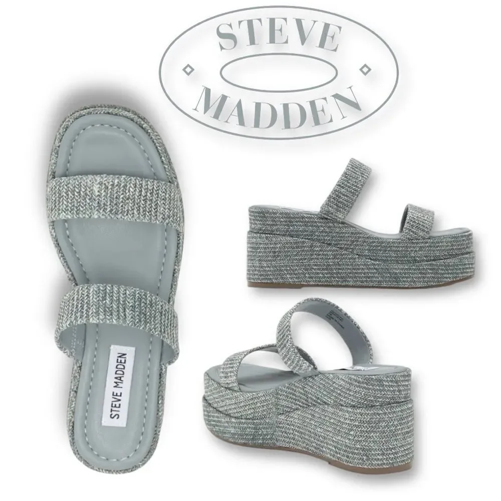 STEVE MADDEN Women’s Merrcer Platform Slide Sandals in the Size 9 in Blue Raffia